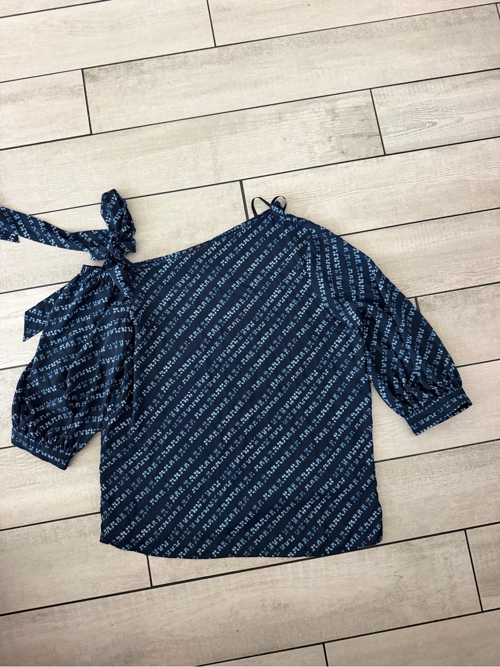 Investments Navy One-Shoulder Tie Blouse with Diagonal Print